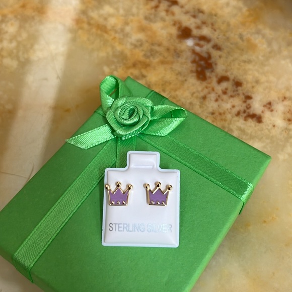 14k Gold Plated Enamel Princess Crown Earrings - Picture 2 of 11